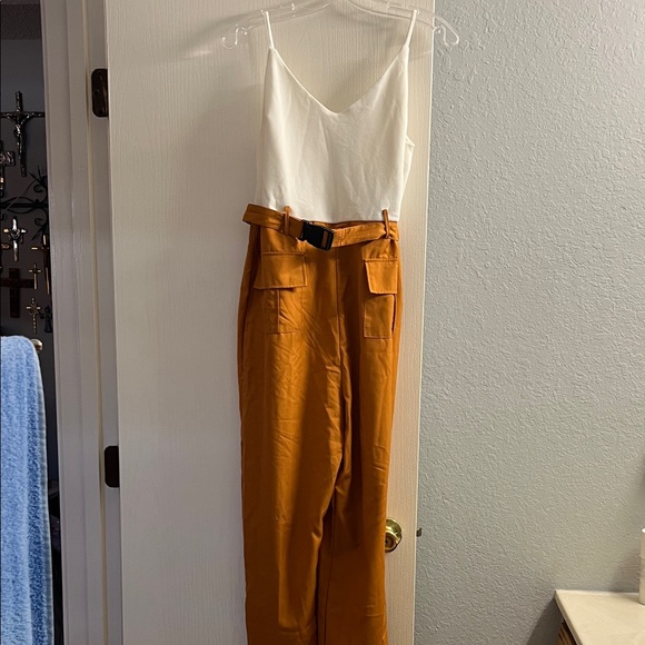 J for Justify Pants - High-Waist Wide-Leg Cargo Jumpsuit in Burnt Orange